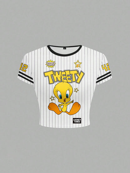 LOONEY TUNES X SHEIN Camiseta de manga corta con ajuste ceñido, con rayas y estampado de dibujos animados con ribete de contraste para mujer