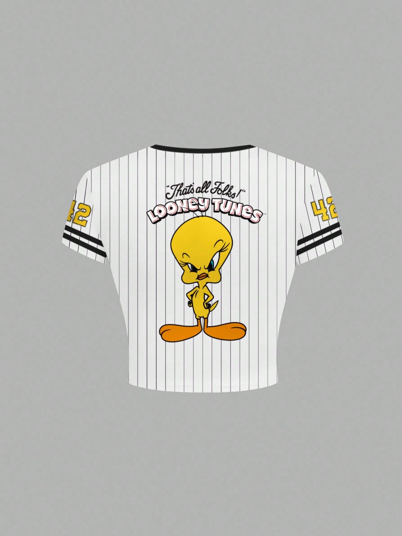 LOONEY TUNES X SHEIN Camiseta de manga corta con ajuste ceñido, con rayas y estampado de dibujos animados con ribete de contraste para mujer
