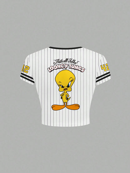 LOONEY TUNES X SHEIN Camiseta de manga corta con ajuste ceñido, con rayas y estampado de dibujos animados con ribete de contraste para mujer