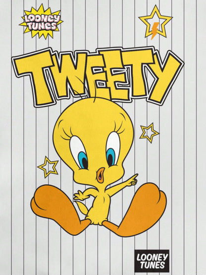 LOONEY TUNES X SHEIN Camiseta de manga corta con ajuste ceñido, con rayas y estampado de dibujos animados con ribete de contraste para mujer