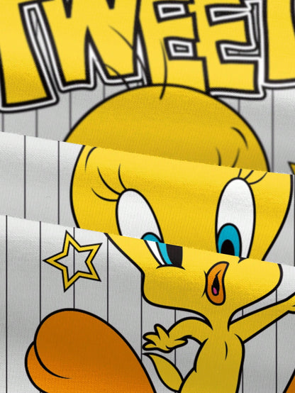 LOONEY TUNES X SHEIN Camiseta de manga corta con ajuste ceñido, con rayas y estampado de dibujos animados con ribete de contraste para mujer