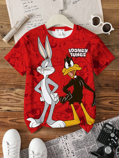 LOONEY TUNES X SHEIN Camiseta de manga corta con cuello redondo y estampado de dibujos animados para niño preadolescente