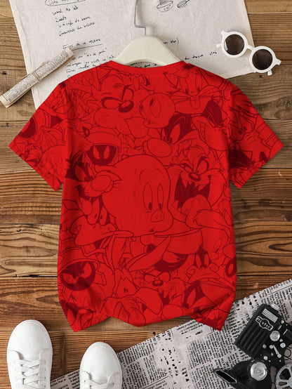 LOONEY TUNES X SHEIN Camiseta de manga corta con cuello redondo y estampado de dibujos animados para niño preadolescente