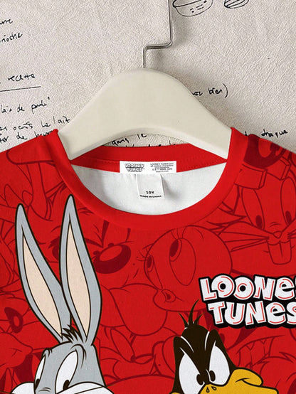 LOONEY TUNES X SHEIN Camiseta de manga corta con cuello redondo y estampado de dibujos animados para niño preadolescente