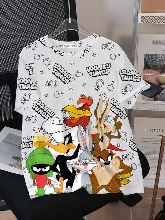 LOONEY TUNES X SHEIN Camiseta de manga corta con cuello redondo y gráfico de letra y dibujo animado para niño preadolescente
