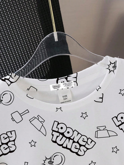 LOONEY TUNES X SHEIN Camiseta de manga corta con cuello redondo y gráfico de letra y dibujo animado para niño preadolescente