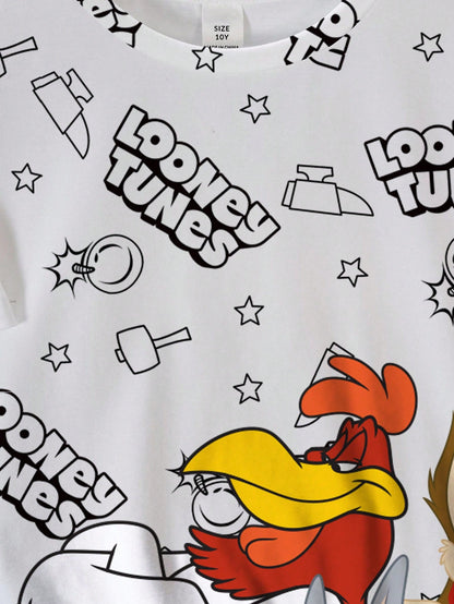 LOONEY TUNES X SHEIN Camiseta de manga corta con cuello redondo y gráfico de letra y dibujo animado para niño preadolescente