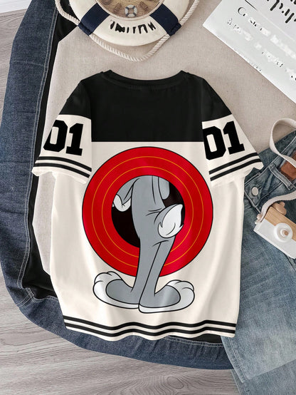 LOONEY TUNES X SHEIN Camiseta de manga corta con estampado de conejo y bloques de color para niño preadolescente en verano