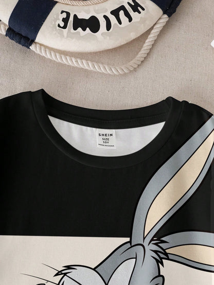 LOONEY TUNES X SHEIN Camiseta de manga corta con estampado de conejo y bloques de color para niño preadolescente en verano
