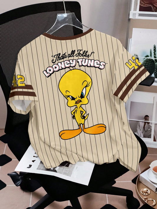 LOONEY TUNES X SHEIN Camiseta de manga corta con estampado de rayas y letras de dibujos animados, estilo casual, diario, moda callejera, universitario y deportivo para mujer, verano