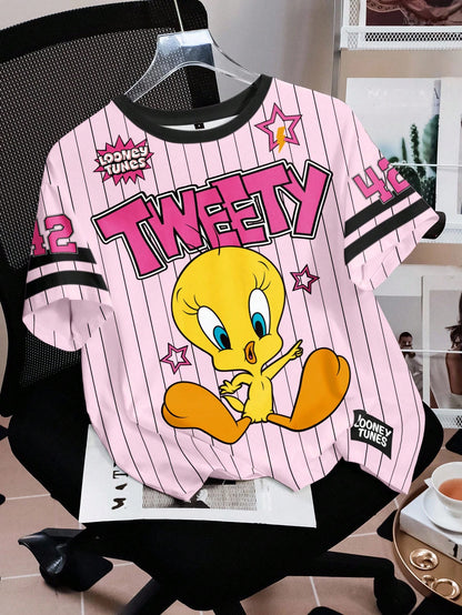 LOONEY TUNES X SHEIN Camiseta de mujer de manga corta con cuello redondo, de estilo casual, con estampado de rayas y dibujos animados, para verano