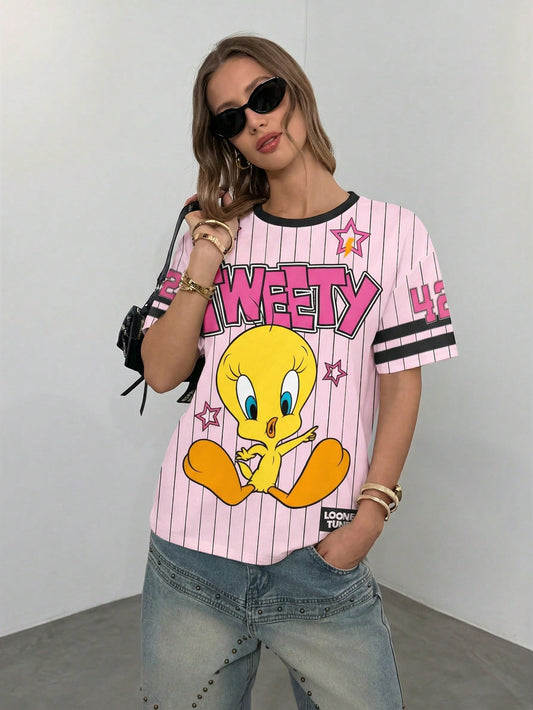 LOONEY TUNES X SHEIN Camiseta de mujer de manga corta con cuello redondo, de estilo casual, con estampado de rayas y dibujos animados, para verano