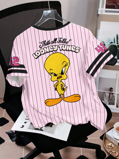 LOONEY TUNES X SHEIN Camiseta de mujer de manga corta con cuello redondo, de estilo casual, con estampado de rayas y dibujos animados, para verano