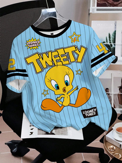 LOONEY TUNES X SHEIN Camiseta suelta de verano con estampado de rayas, letras y números de dibujos animados divertidos y lindos, de estilo deportivo y casual para mujer