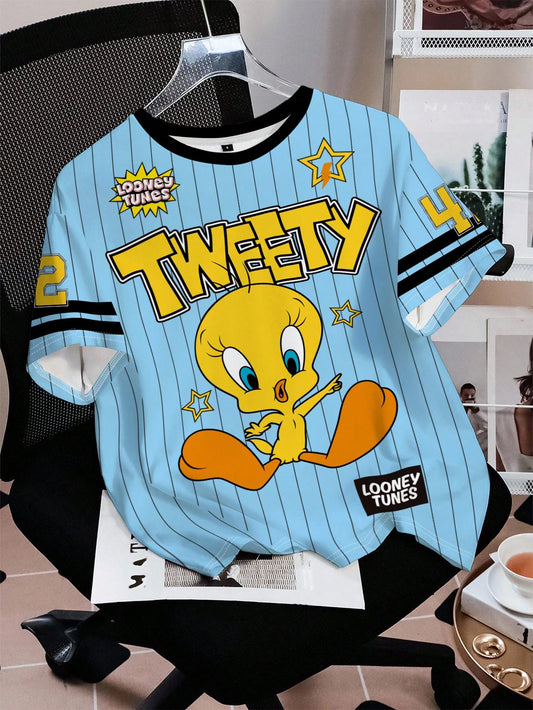 LOONEY TUNES X SHEIN Camiseta suelta de verano con estampado de rayas, letras y números de dibujos animados divertidos y lindos, de estilo deportivo y casual para mujer