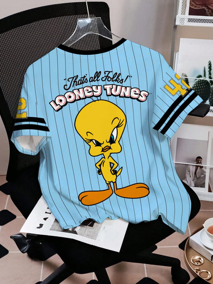 LOONEY TUNES X SHEIN Camiseta suelta de verano con estampado de rayas, letras y números de dibujos animados divertidos y lindos, de estilo deportivo y casual para mujer
