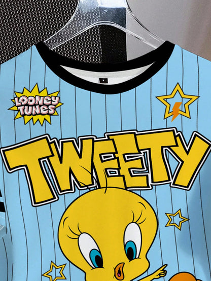 LOONEY TUNES X SHEIN Camiseta suelta de verano con estampado de rayas, letras y números de dibujos animados divertidos y lindos, de estilo deportivo y casual para mujer