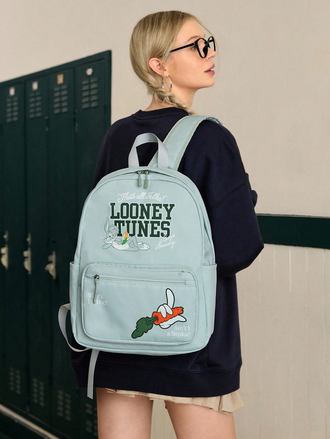 LOONEY TUNES X SHEIN Mochila de estilo azul con patrón de letras y dibujos animados para mujer