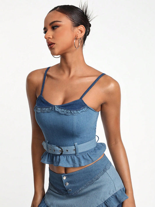 Leima Top de tirantes de mezclilla con ruedo con volantes para mujer, diseñador, para el verano