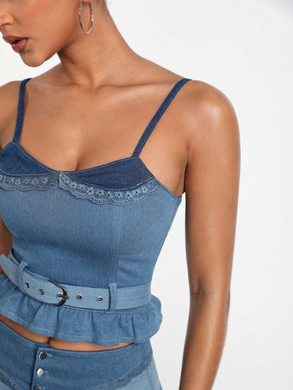 Leima Top de tirantes de mezclilla con ruedo con volantes para mujer, diseñador, para el verano