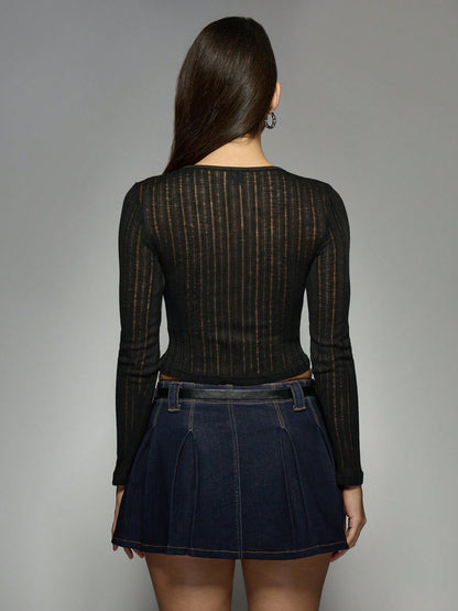 MISSGUIDED Blusa ajustada de mangas largas de punto vaporoso