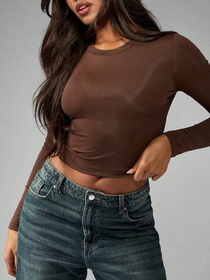MISSGUIDED Blusa corta de manga larga ajustada, esencial básico para el otoño e invierno, parte superior de moda casual y versátil