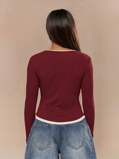 MISSGUIDED Camiseta ajustada de manga larga, cuello redondo, con doble capa de costillas