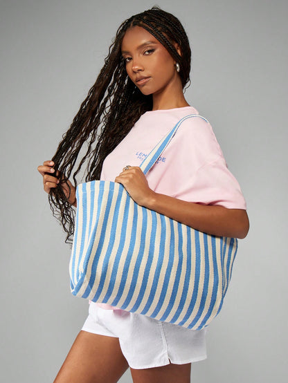 MISSGUIDED Bolso de lona de playa, bolso de hombro de verano para vacaciones, bolso de fin de semana de viaje con estampado a rayas