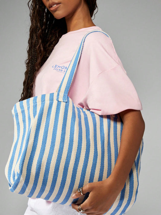 MISSGUIDED Bolso de lona de playa, bolso de hombro de verano para vacaciones, bolso de fin de semana de viaje con estampado a rayas