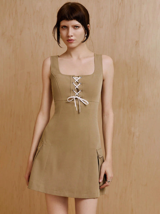 MONSE Vestido mini con cordones y bolsillos tipo cargo, vestido elegante de verano para vacaciones, fiestas, cumpleaños, playa, festivales, bodas, bailes de graduación