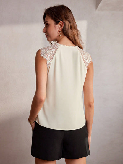 MOTF Classy Blusa elegante con encaje de contraste y escote de cerradura
