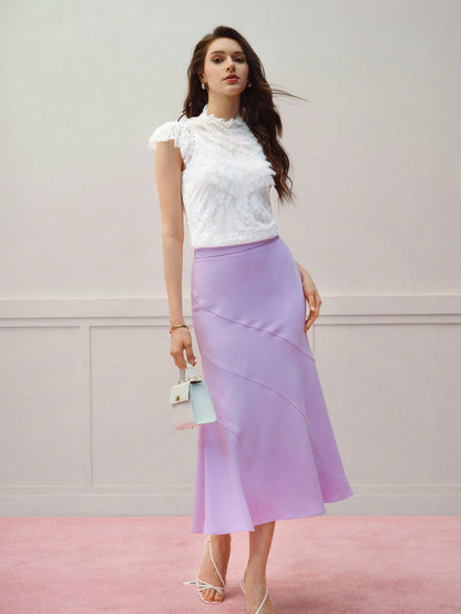 MOTF PREMIUM Blusa con aplicación de encaje, malla de contraste y volantes