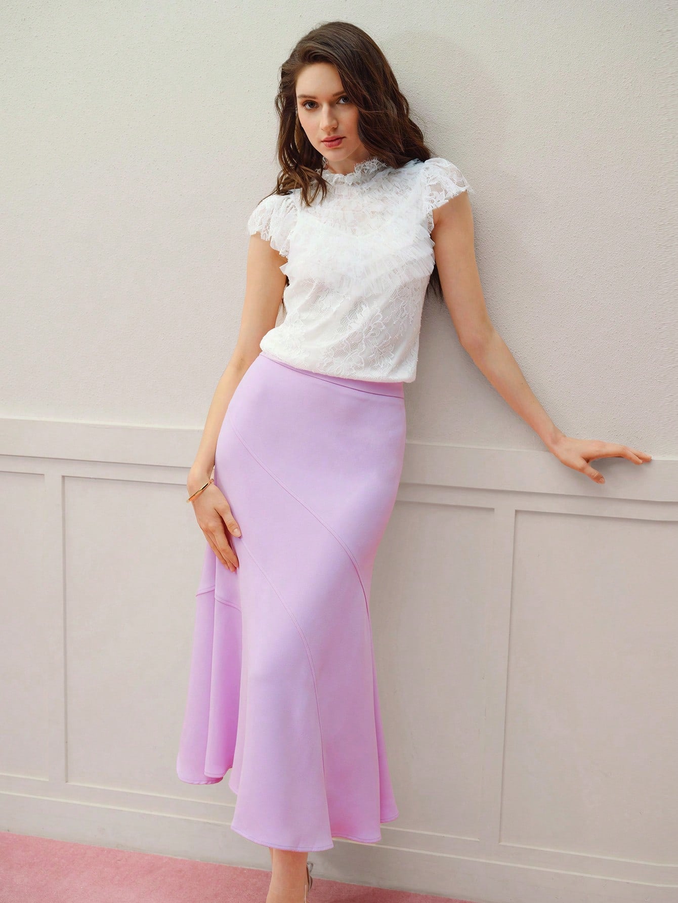 MOTF PREMIUM Blusa con aplicación de encaje, malla de contraste y volantes