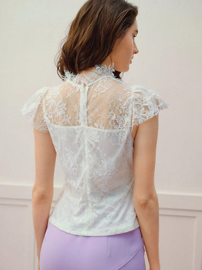 MOTF PREMIUM Blusa con aplicación de encaje, malla de contraste y volantes