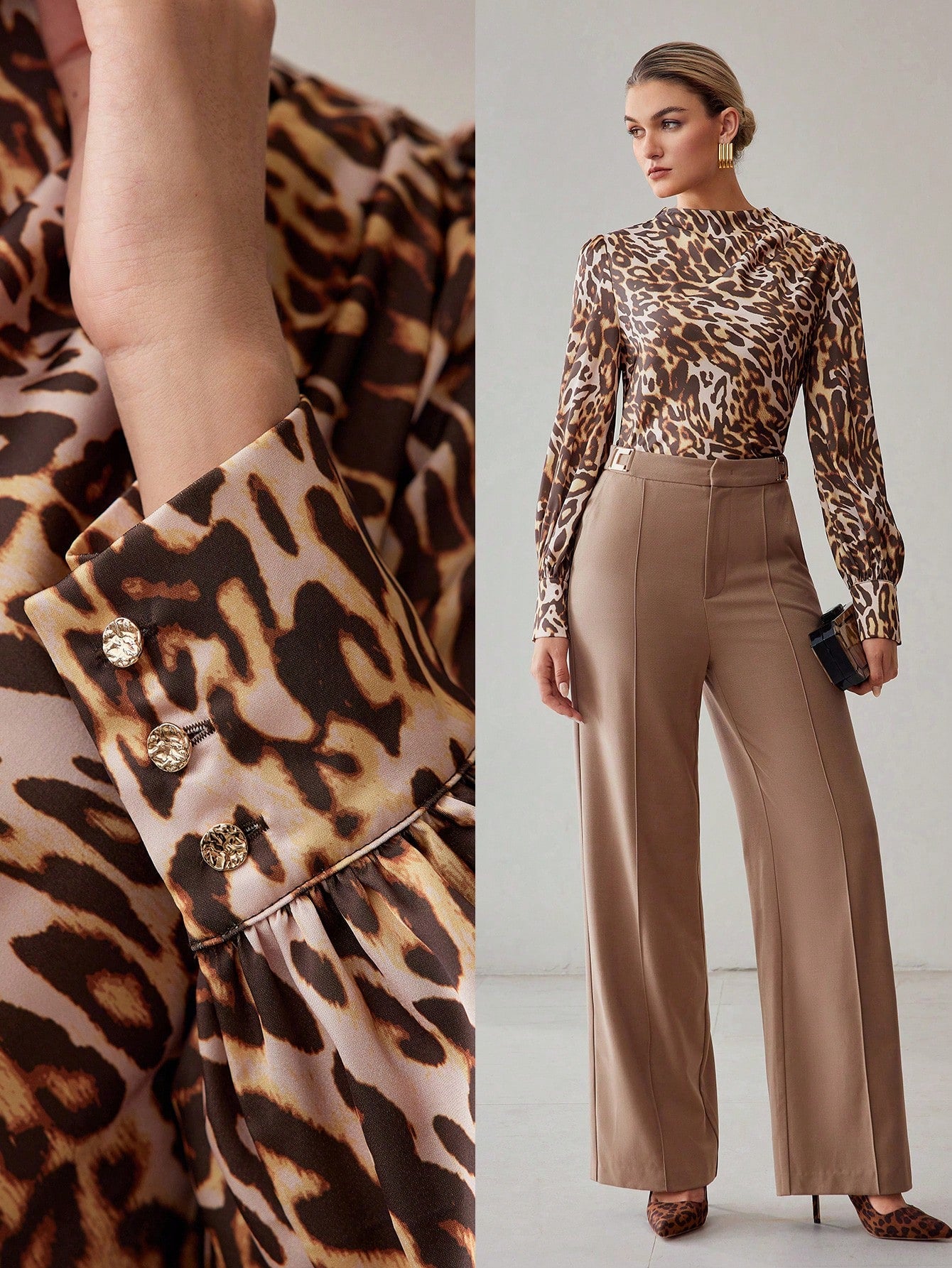 MOTF PREMIUM Blusa con cuello alto, mangas de farol y estampado de leopardo