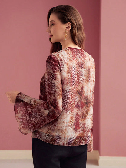 MOTF PREMIUM Blusa con estampado integral y mangas acampanadas, Día de San Valentín