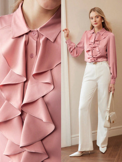 MOTF PREMIUM CAMISA DE MANGA FAROL CON CUELLO JABOT SÓLIDO