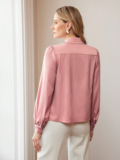 MOTF PREMIUM CAMISA DE MANGA FAROL CON CUELLO JABOT SÓLIDO