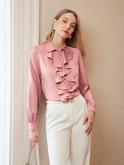 MOTF PREMIUM CAMISA DE MANGA FAROL CON CUELLO JABOT SÓLIDO