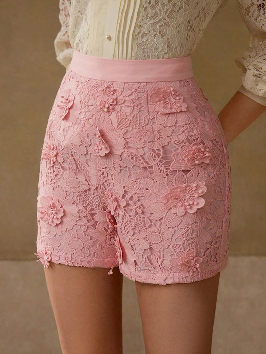 MOTF PREMIUM PANTALONES CORTOS DE ENCAJE GUIPUR CON CONTRASTE