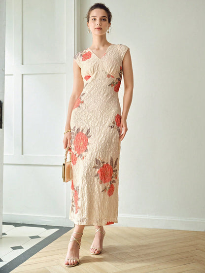 MOTF PREMIUM VESTIDO BOMBACHO CON ESTAMPADO FLORAL, ESCOTE EN V Y CUBIERTA DE ENCAJE