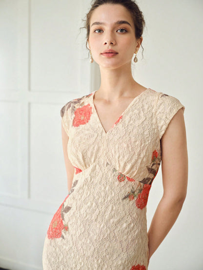 MOTF PREMIUM VESTIDO BOMBACHO CON ESTAMPADO FLORAL, ESCOTE EN V Y CUBIERTA DE ENCAJE