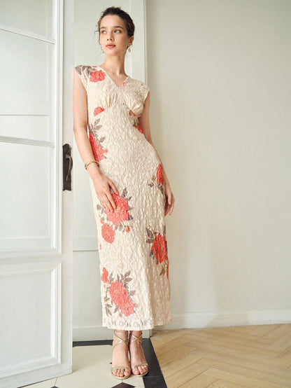 MOTF PREMIUM VESTIDO BOMBACHO CON ESTAMPADO FLORAL, ESCOTE EN V Y CUBIERTA DE ENCAJE