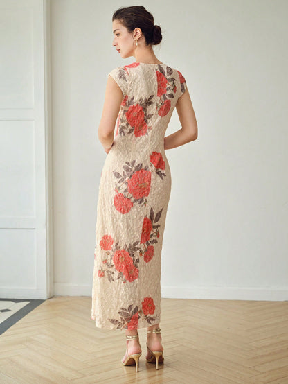 MOTF PREMIUM VESTIDO BOMBACHO CON ESTAMPADO FLORAL, ESCOTE EN V Y CUBIERTA DE ENCAJE