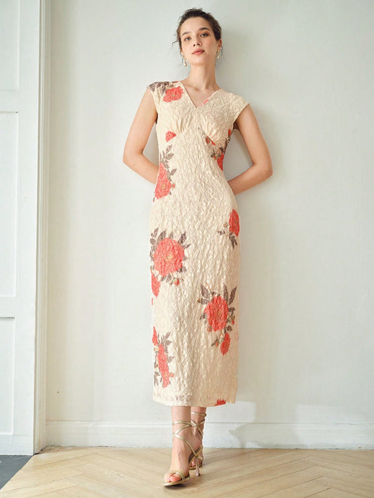 MOTF PREMIUM VESTIDO BOMBACHO CON ESTAMPADO FLORAL, ESCOTE EN V Y CUBIERTA DE ENCAJE