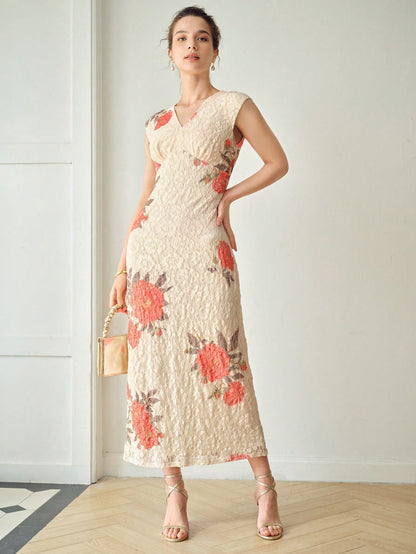 MOTF PREMIUM VESTIDO BOMBACHO CON ESTAMPADO FLORAL, ESCOTE EN V Y CUBIERTA DE ENCAJE