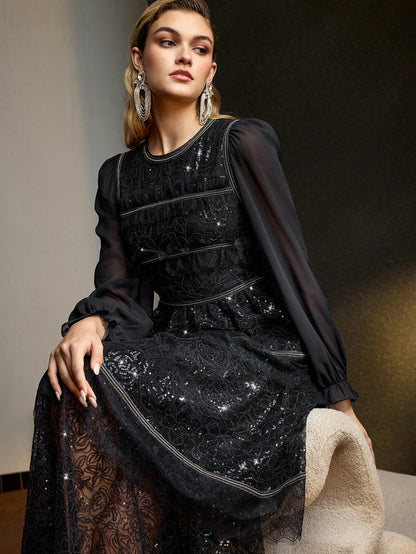 MOTF PREMIUM Vestido largo con manga acampanada, tela de malla bordada con lentejuelas y dobladillo en capas
