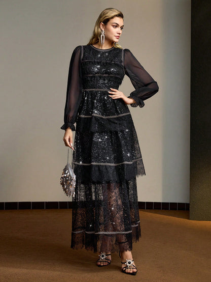 MOTF PREMIUM Vestido largo con manga acampanada, tela de malla bordada con lentejuelas y dobladillo en capas