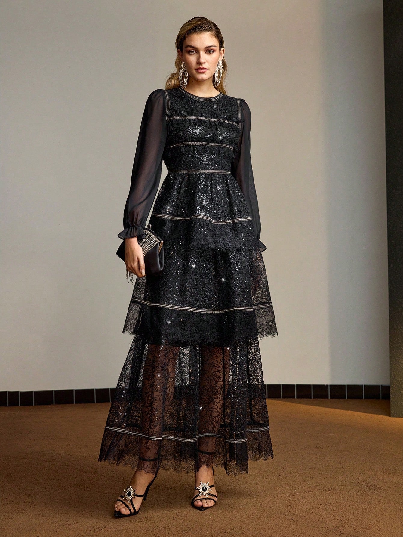 MOTF PREMIUM Vestido largo con manga acampanada, tela de malla bordada con lentejuelas y dobladillo en capas