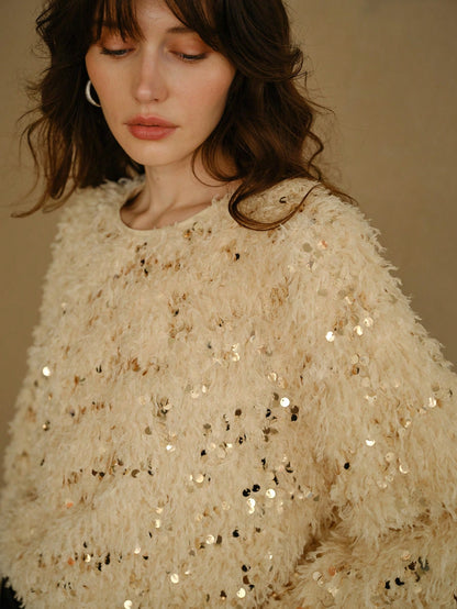MOTF STUDIO Blusa con mangas acampanadas de peluche con lentejuelas, Año Nuevo